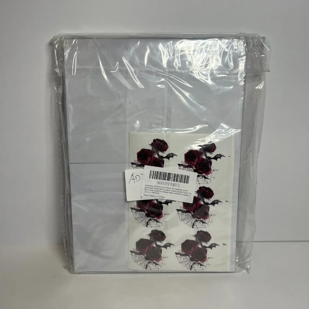 24 Pack Gothic Spooky Bat Black Floral Print Thank You Blank Cards w/ Envelopes